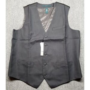 Perry Eliis Vest Mens 2XL Slate Gray Striped 3 Pockets Full Button V-Neck New